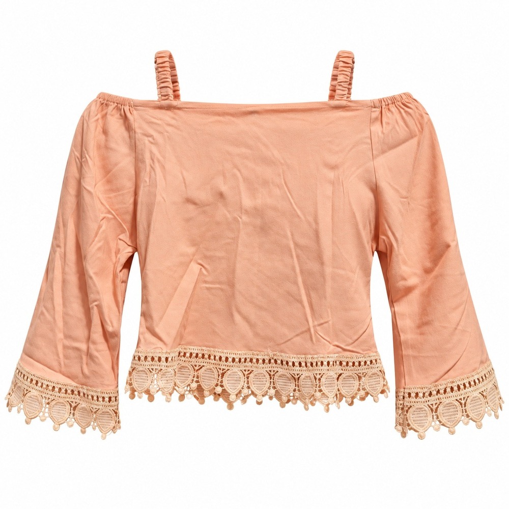 Sakura Sport Lace Trim Off Shoulder Crop Top Size 14 Girl Peach Boho Bell Sleeve